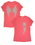 The Crow stencil graphic on a pink women's t-shirt.