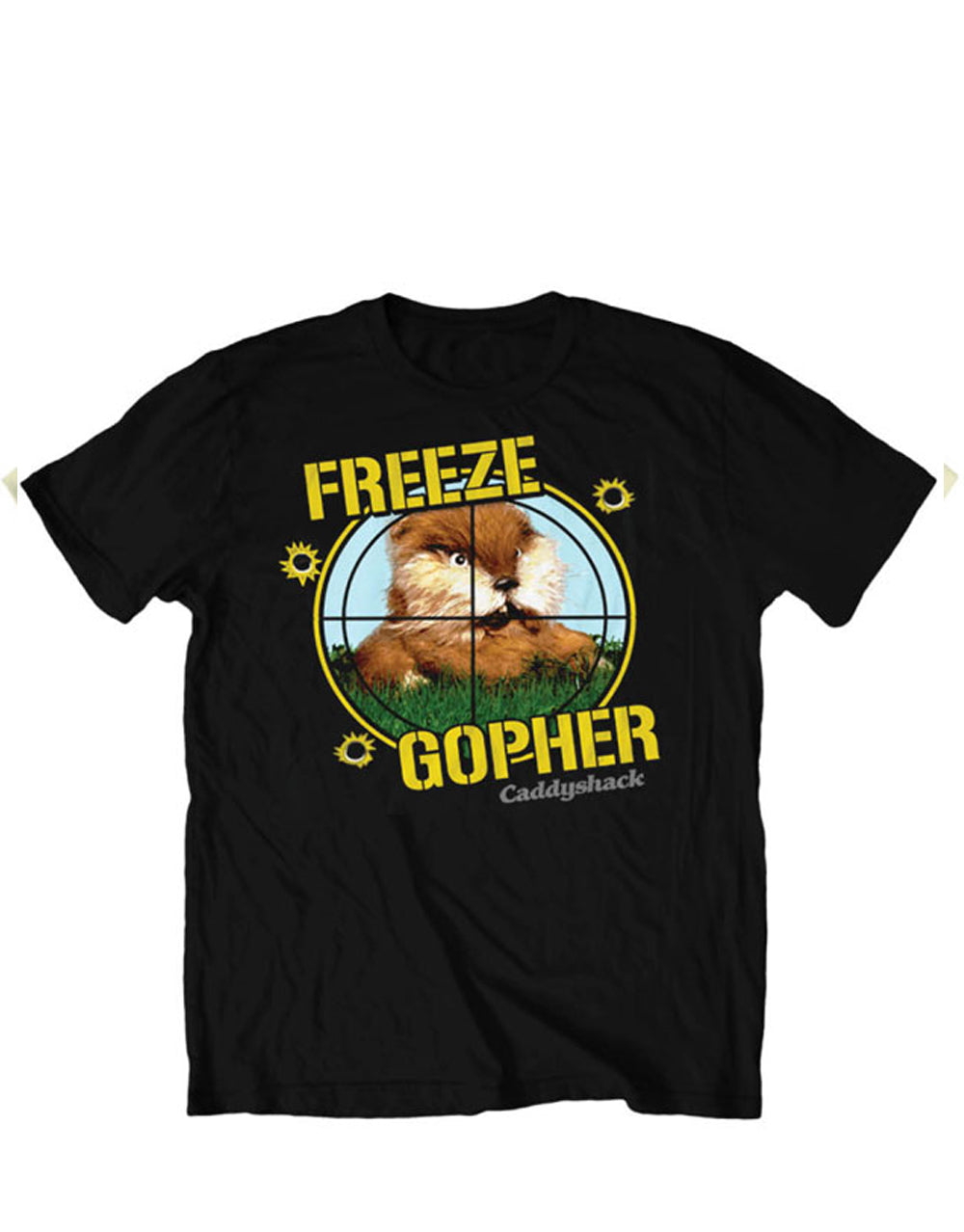 Caddyshack freeze gopher graphic on a black adult t-shirt.
