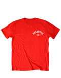Caddyshack Bushwood shield graphic on a red adult t-shirt.