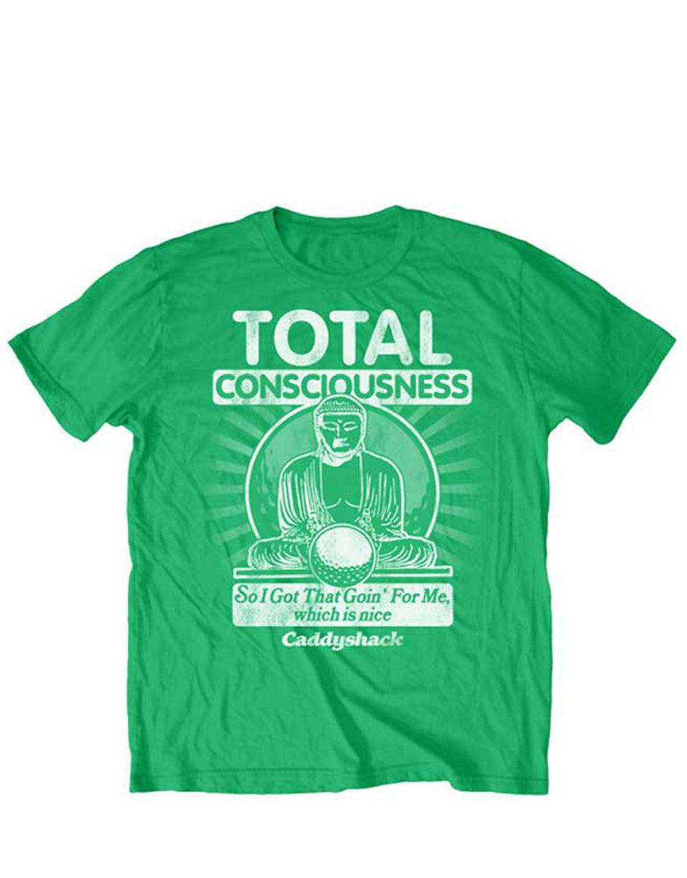 Caddyshack total consciousness graphic on a green adult t-shirt.