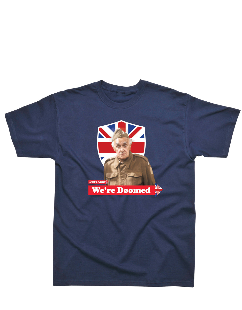 Dad's Army we're doomed graphic on a navy blue adult t-shirt.