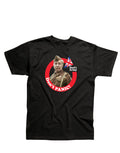 Dad's Army don't panic graphic on a black adult t-shirt.