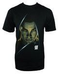Star Trek Kirk graphic on a black adult t-shirt.