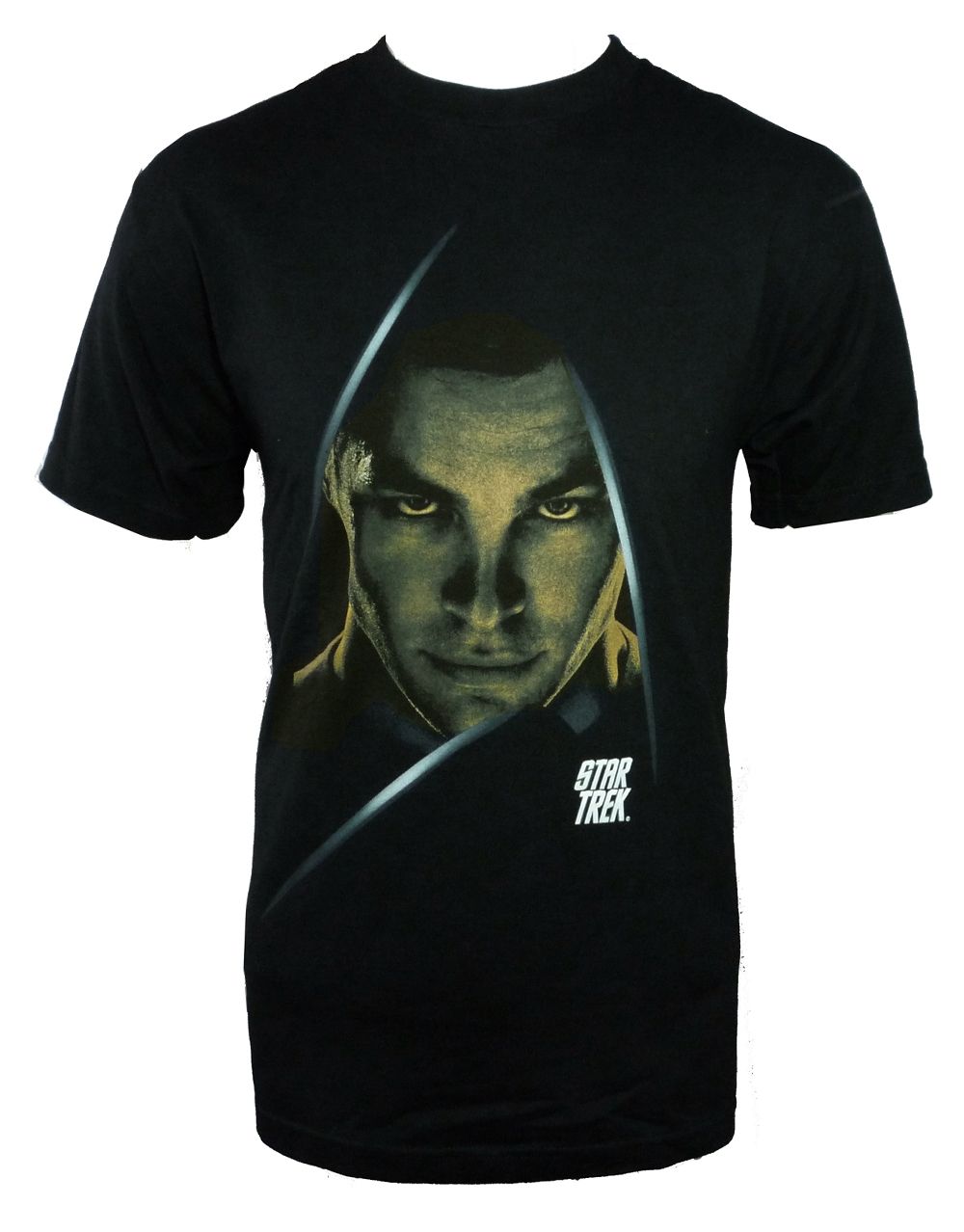 Star Trek Kirk graphic on a black adult t-shirt.