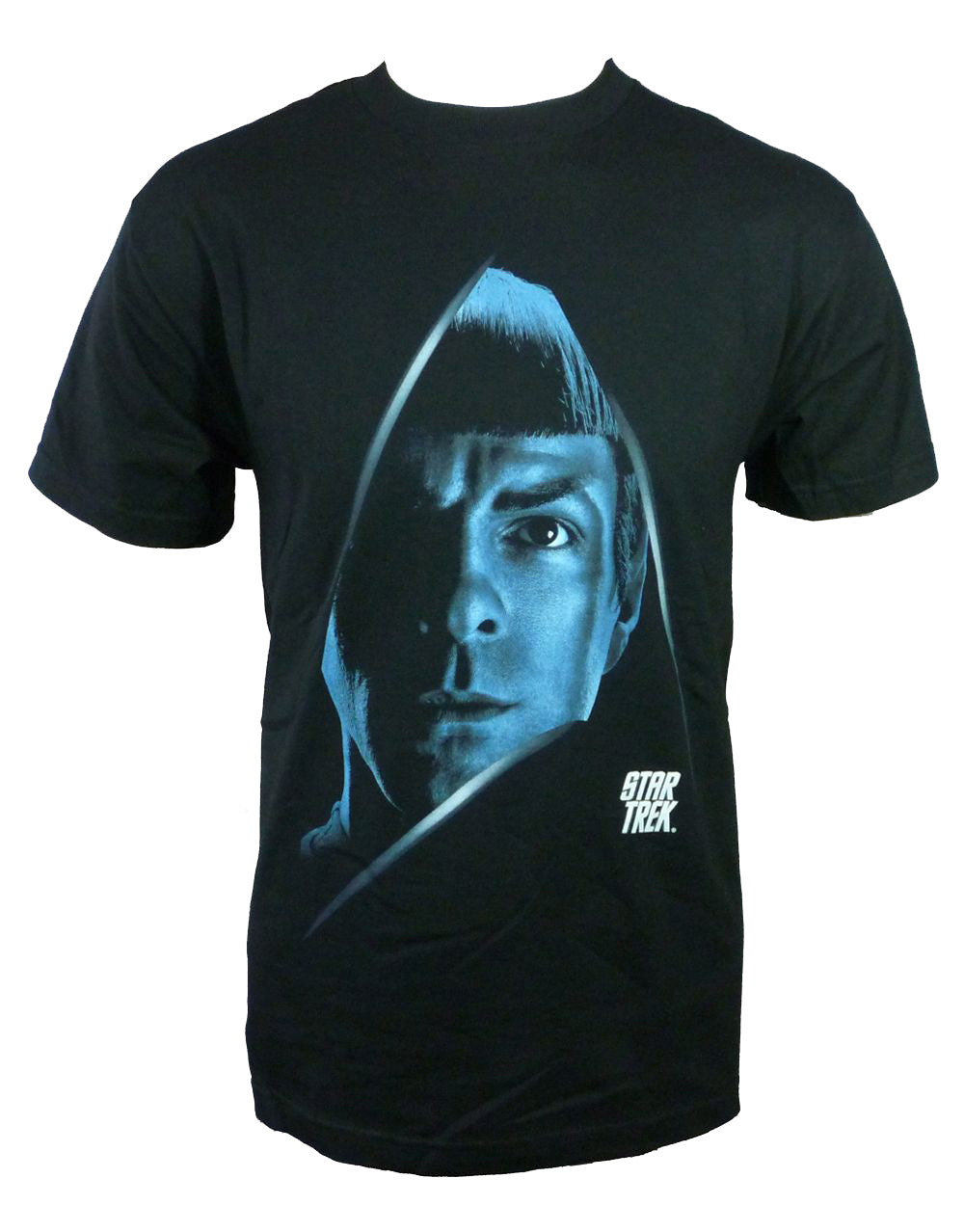 Star Trek Spock graphic on a black adult t-shirt.