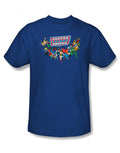 DC Comics here they come graphic on a blue adult t-shirt.