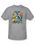 DC Comics assemble graphic on a grey adult t-shirt.