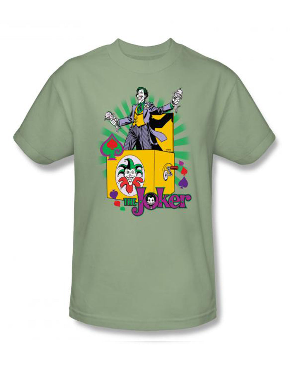 Joker loaded graphic on a green adult t-shirt.