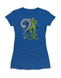 The Riddler question graphic on a royal blue women's t-shirt.
