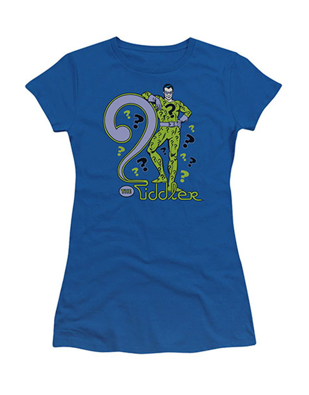 The Riddler question graphic on a royal blue women's t-shirt.