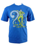 Riddler question mark graphic on a blue adult t-shirt.