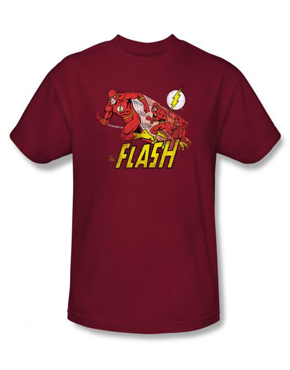 Crimson comet graphic on a maroon adult t-shirt.