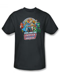 DC Comics join graphic on a grey adult t-shirt.