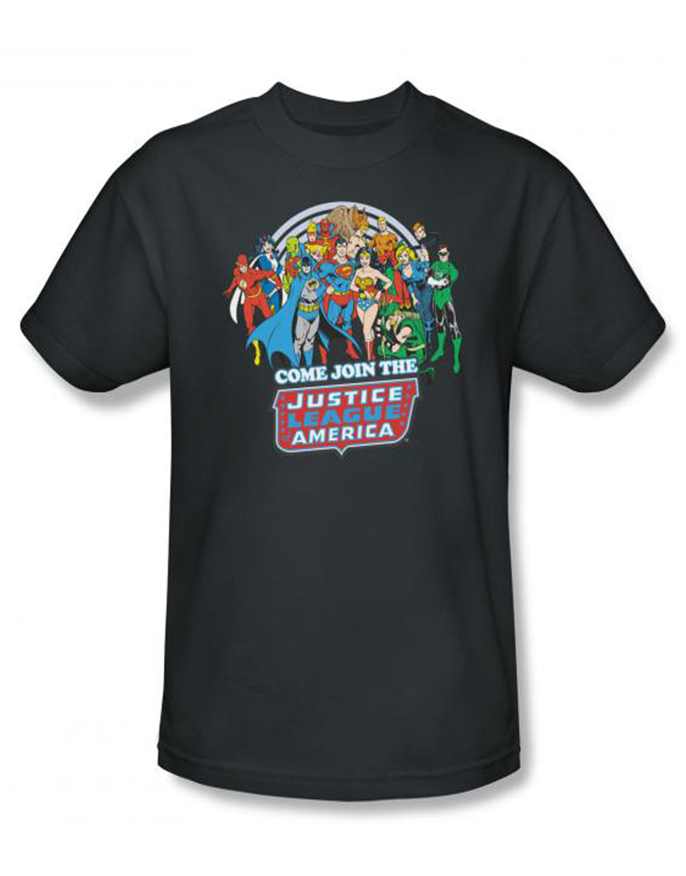 DC Comics join graphic on a grey adult t-shirt.