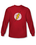 Distressed logo graphic on a red adult long sleeve top.