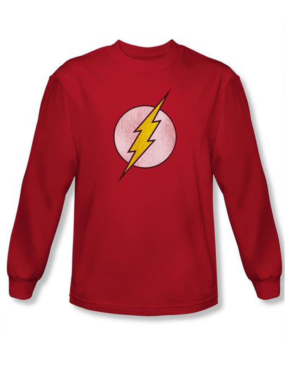 Distressed logo graphic on a red adult long sleeve top.