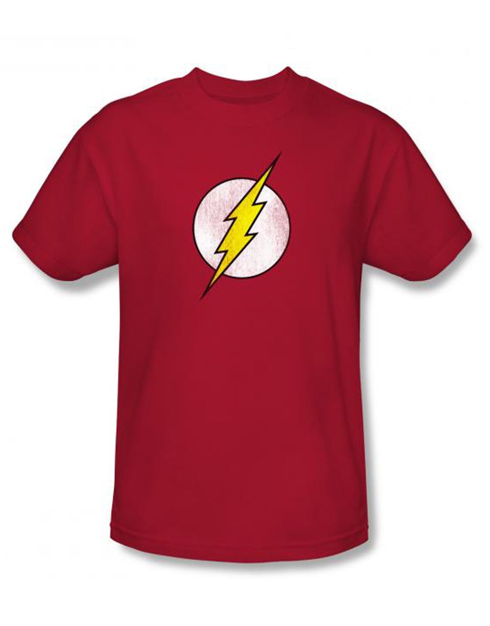 Logo distressed graphic on a red adult t-shirt.
