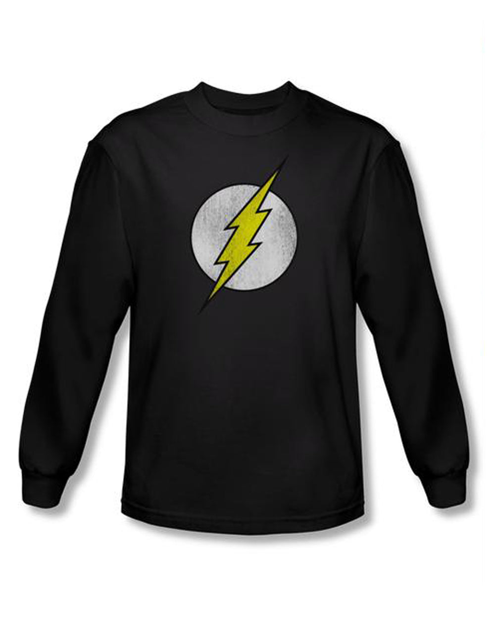 Logo distressed graphic on a black adult long sleeve top.