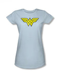 Wonder Woman logo distressed graphic on a blue women's t-shirt.