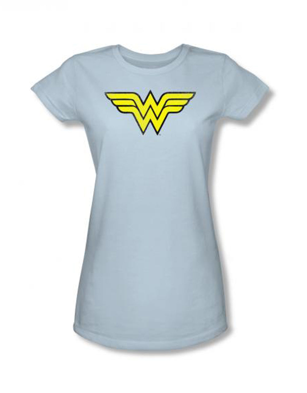 Wonder Woman logo distressed graphic on a blue women's t-shirt.