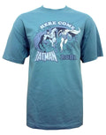 Here come Batman and Robin graphic on a blue adult t-shirt.