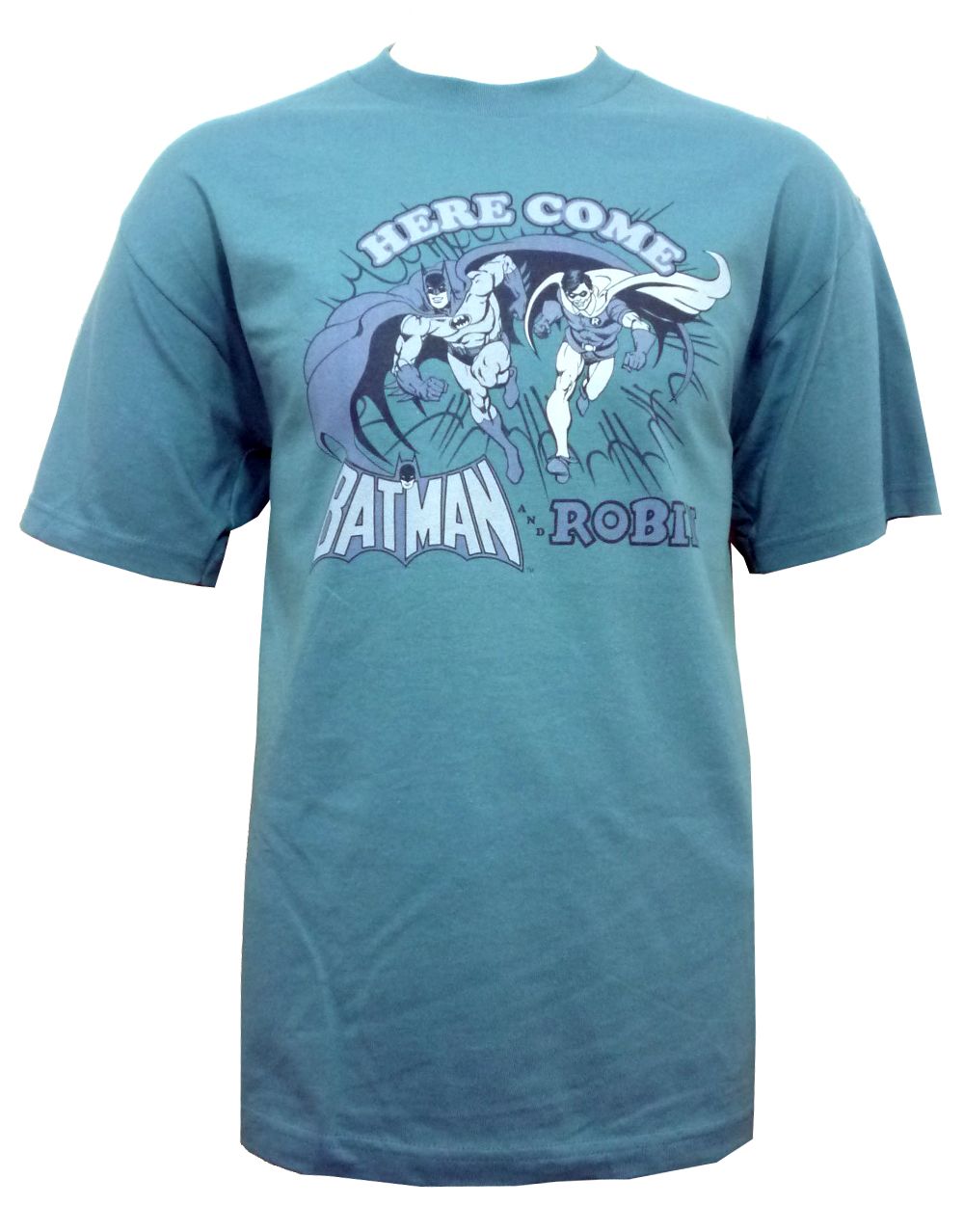 Here come Batman and Robin graphic on a blue adult t-shirt.