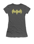 Batgirl logo distressed graphic on a charcoal grey women's t-shirt.