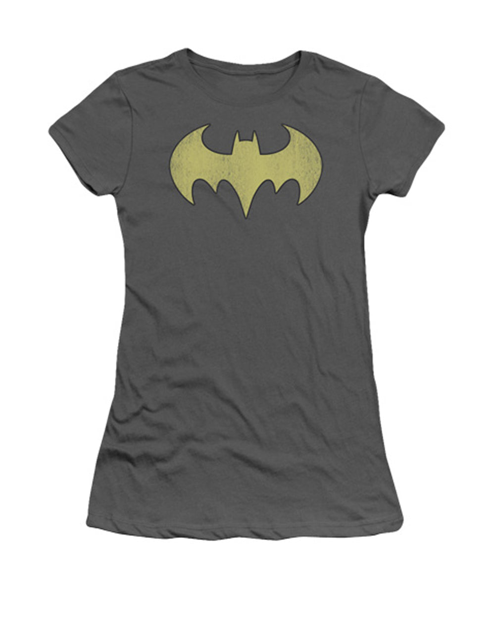 Batgirl logo distressed graphic on a charcoal grey women's t-shirt.