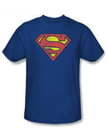 Retro logo distressed graphic on a blue adult t-shirt.