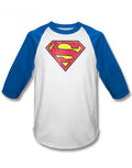 Distressed logo graphic on a blue and white adult long sleeve top.