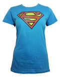 Superman retro sup logo distressed graphic on a blue women's t-shirt.