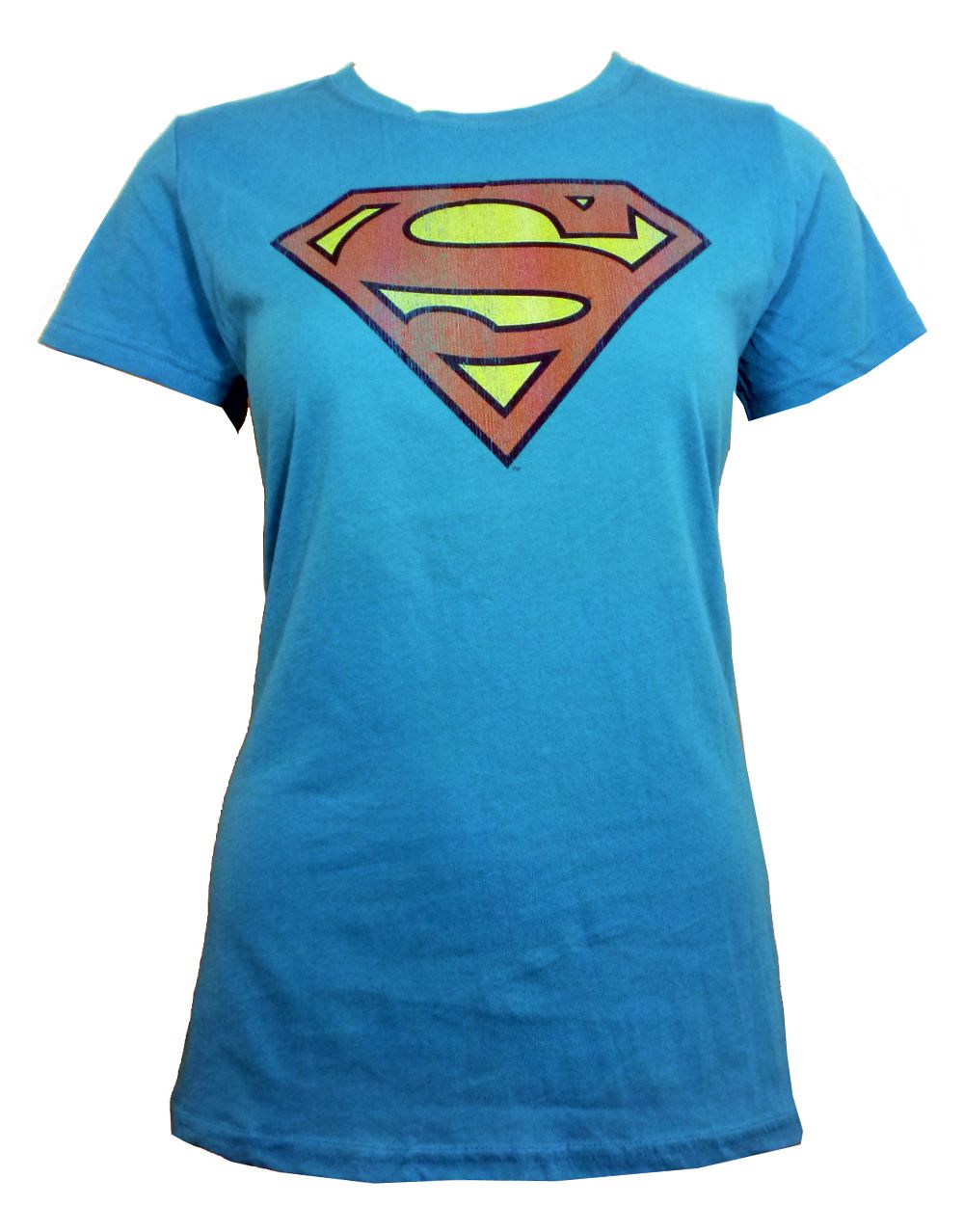 Superman retro sup logo distressed graphic on a blue women's t-shirt.