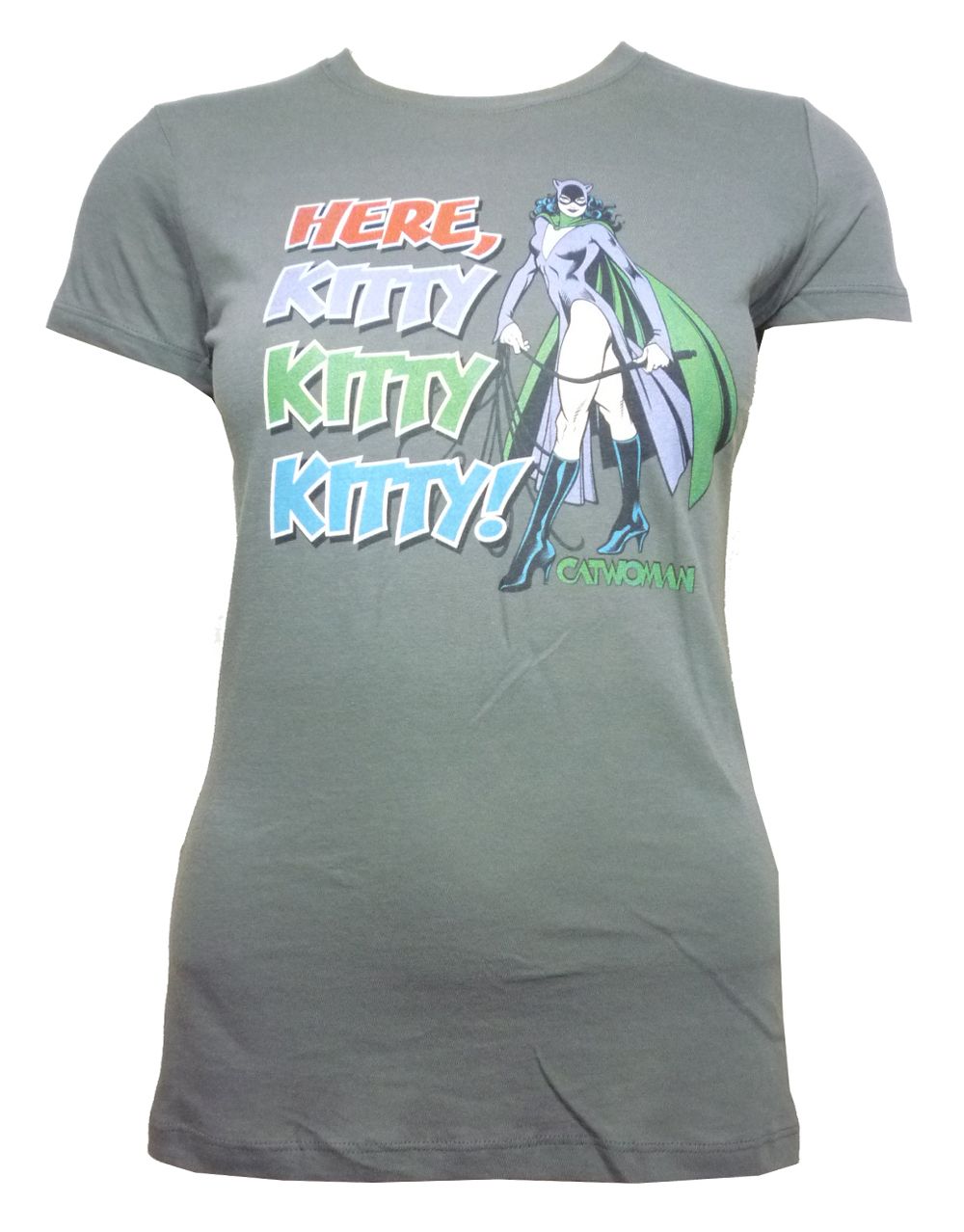 Batgirl here kitty logo graphic on a grey women's t-shirt.