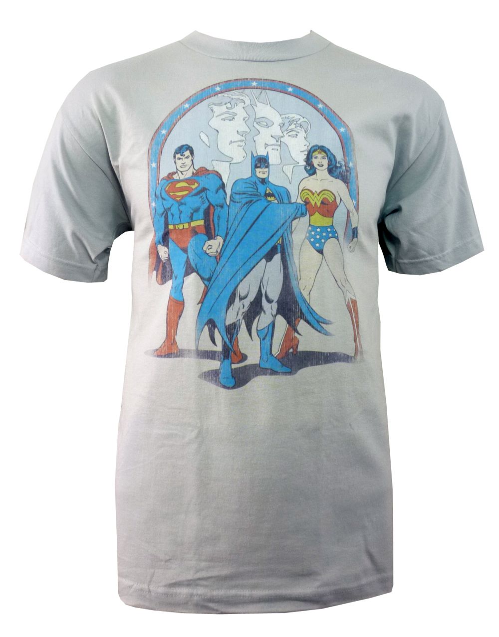 DC Comics trio faces graphic on a silver grey adult t-shirt.
