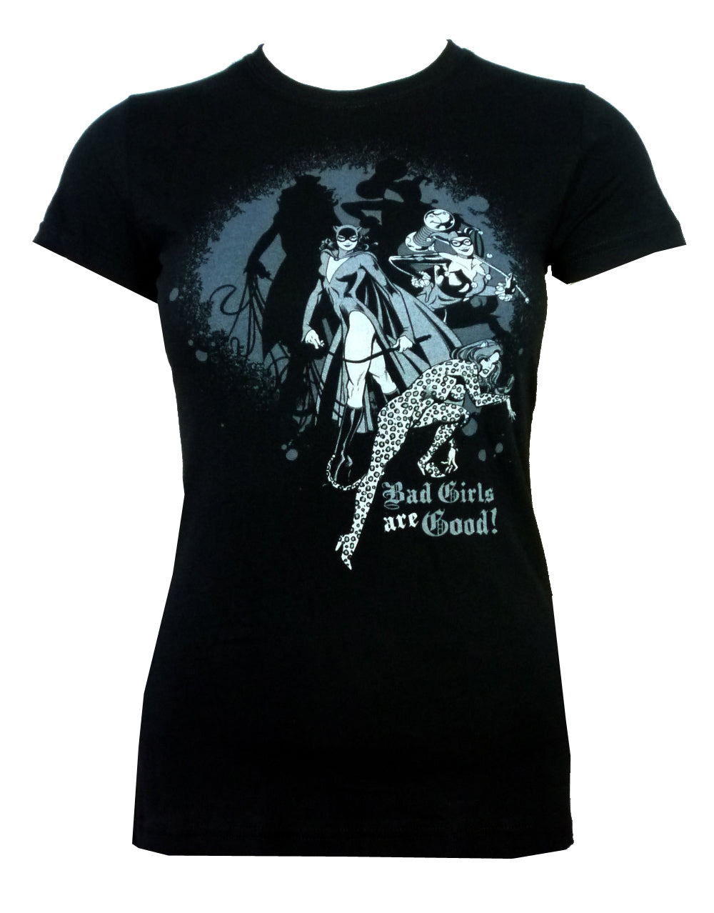 DC Comics bad girls are good graphic on a black women's t-shirt.