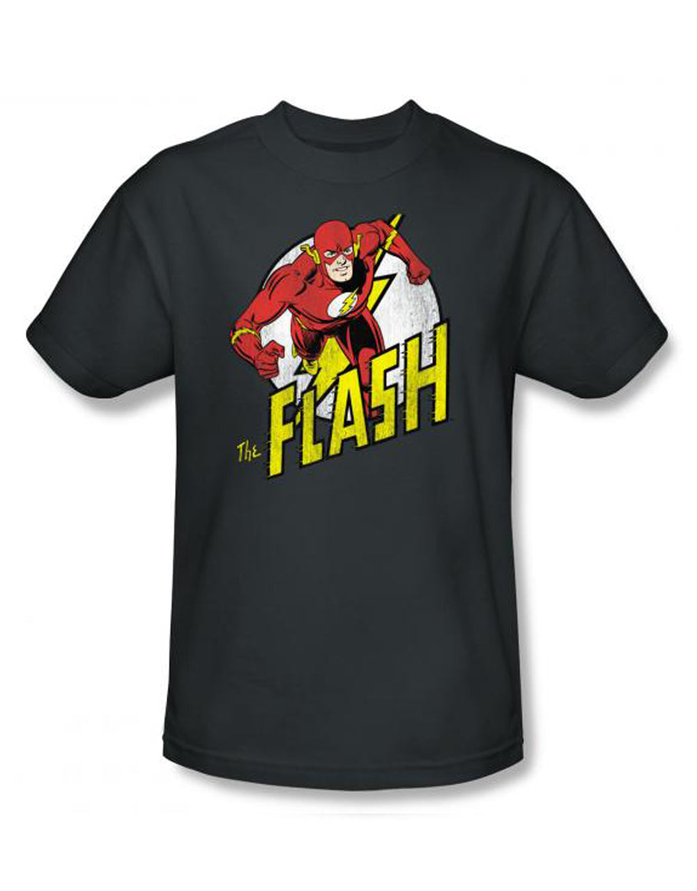 Run Flash run graphic on a grey adult t-shirt.