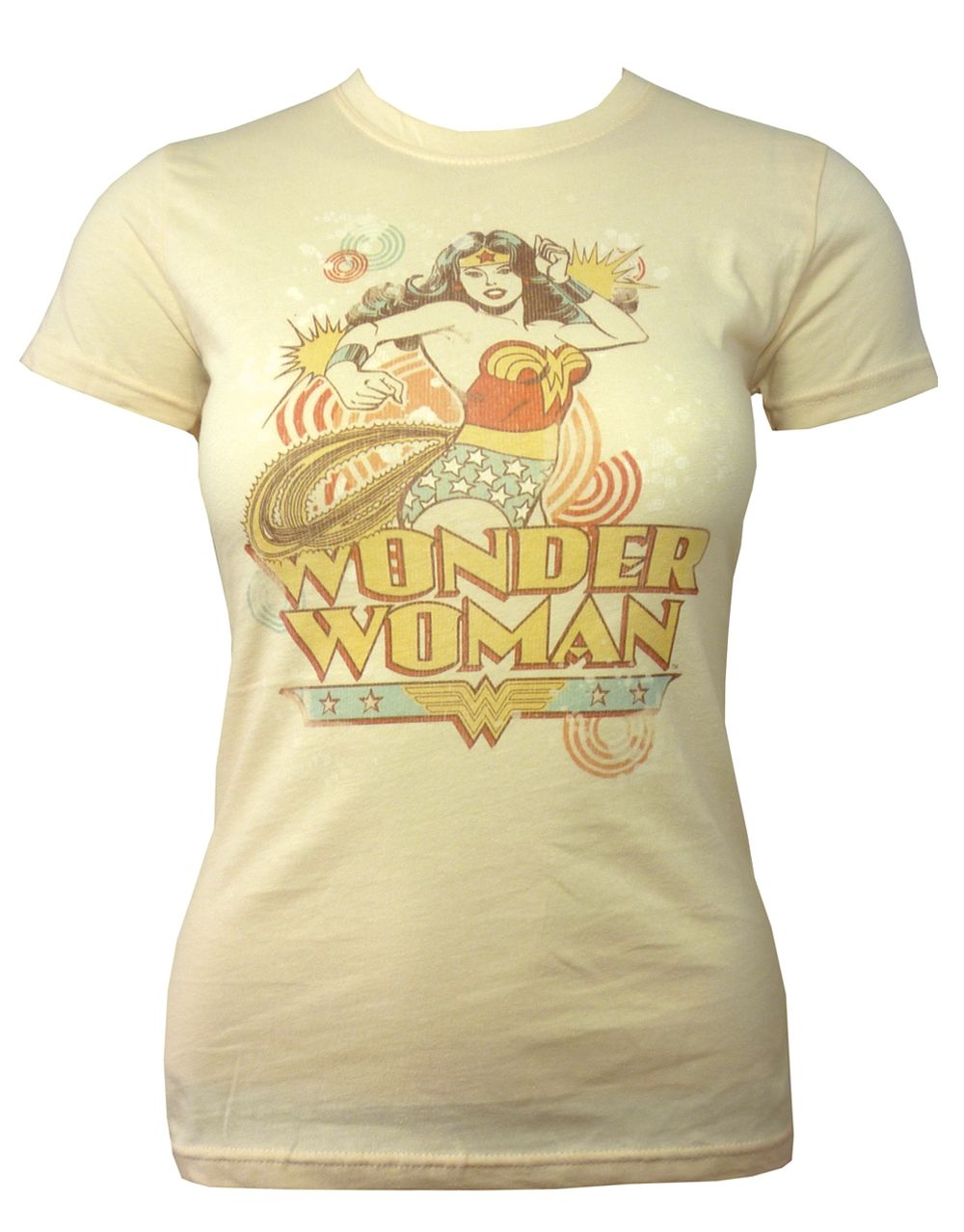 Wonder Woman strength graphic on a cream women's t-shirt.