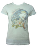 Wonder Woman scroll graphic on a white women's t-shirt.