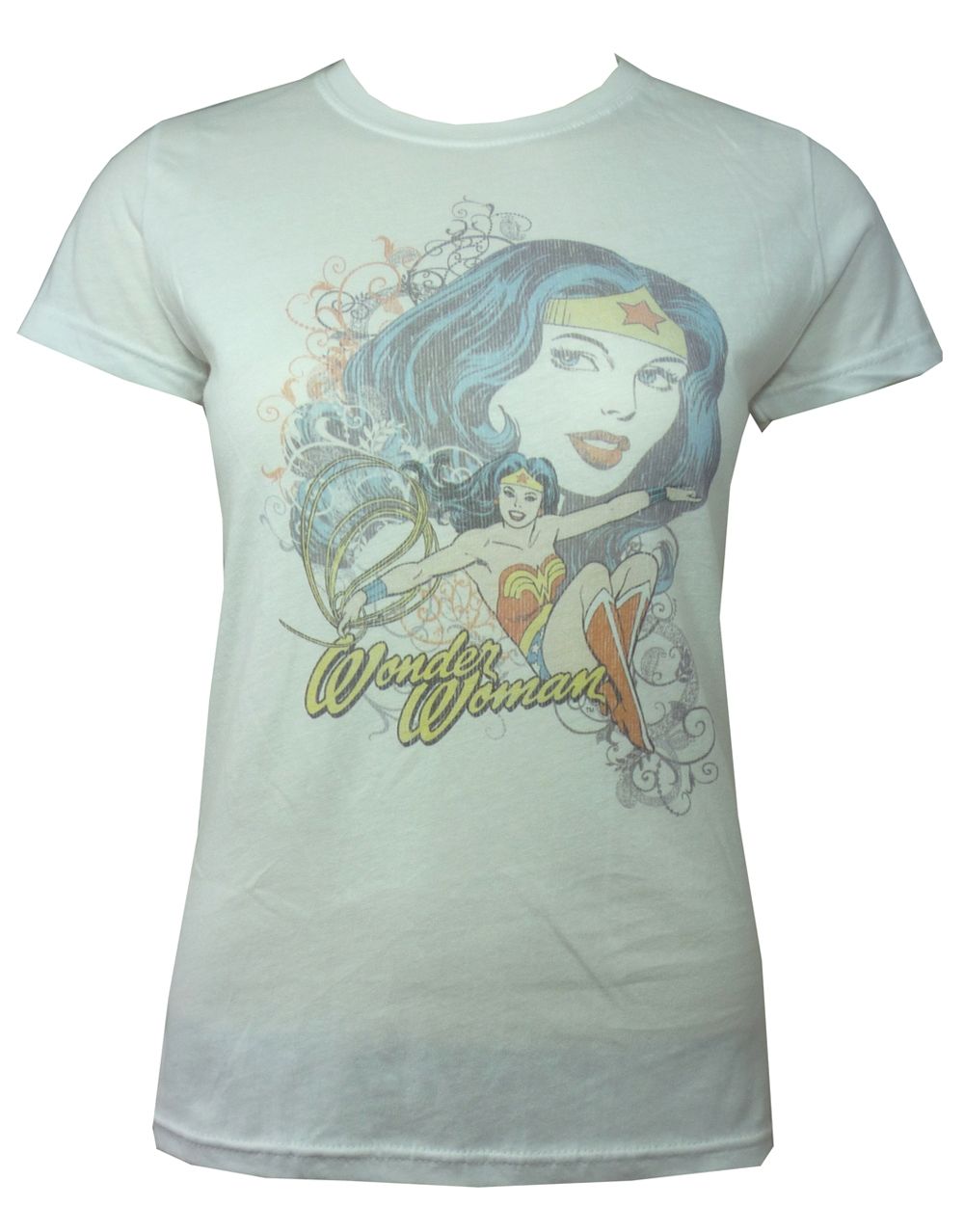 Wonder Woman scroll graphic on a white women's t-shirt.