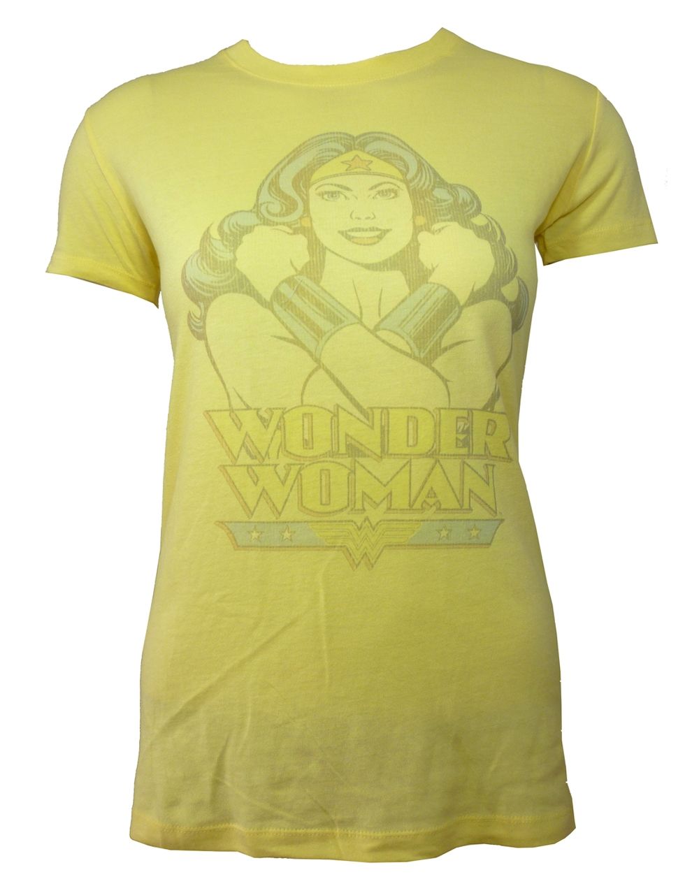 Wonder Woman power graphic on a yellow women's t-shirt.