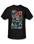 DC Comics boxes graphic on a black adult t-shirt.
