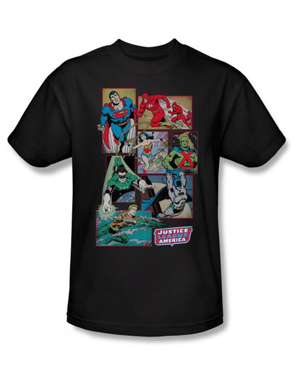DC Comics boxes graphic on a black adult t-shirt.