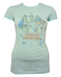 DC Comics super powers graphic on a light blue women's t-shirt.