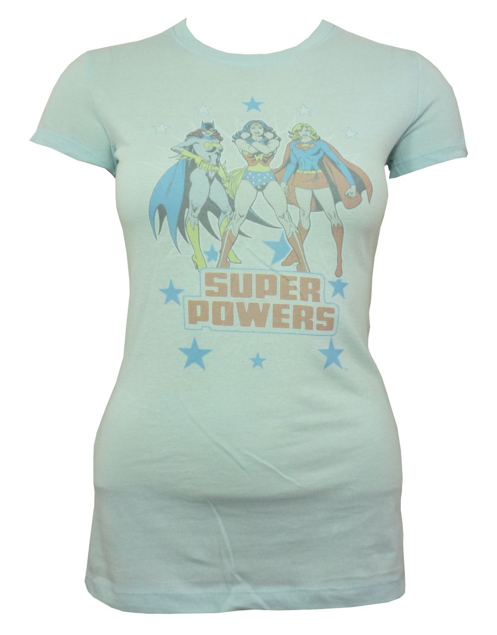DC Comics super powers graphic on a light blue women's t-shirt.