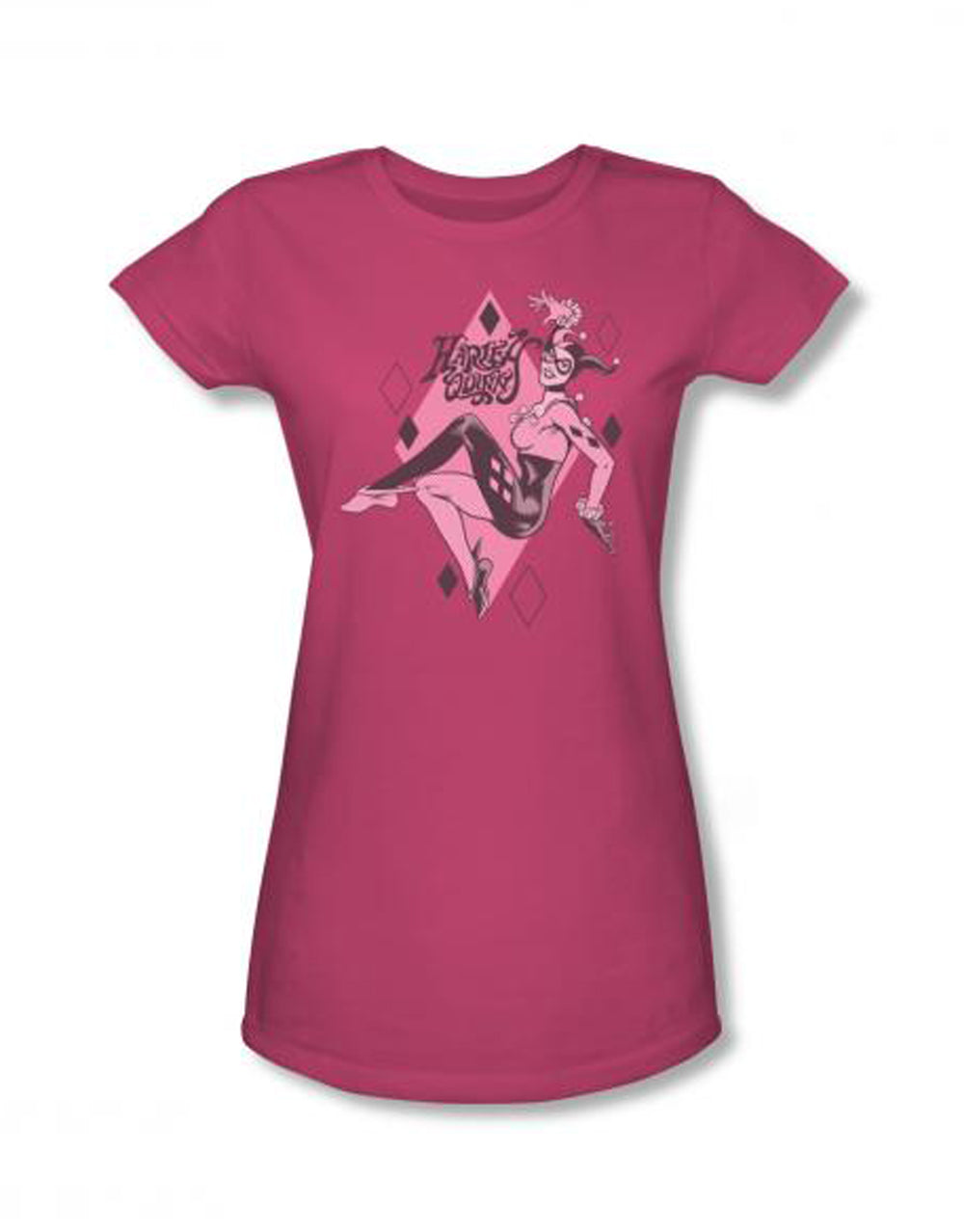 Harley Quinn DC Comics villain graphic on a hot pink women's t-shirt.