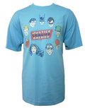 DC Comics faces graphic on a sky blue adult t-shirt.