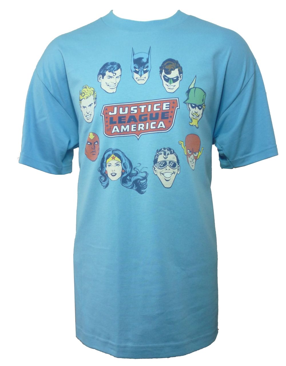DC Comics faces graphic on a sky blue adult t-shirt.