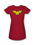 Wonder Woman DC Comics logo graphic on a red women's t-shirt.