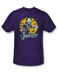 Joker HA! graphic on a purple adult t-shirt.