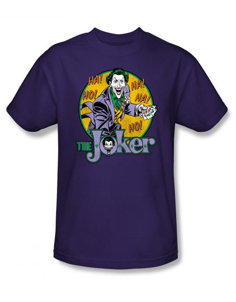 Joker HA! graphic on a purple adult t-shirt.